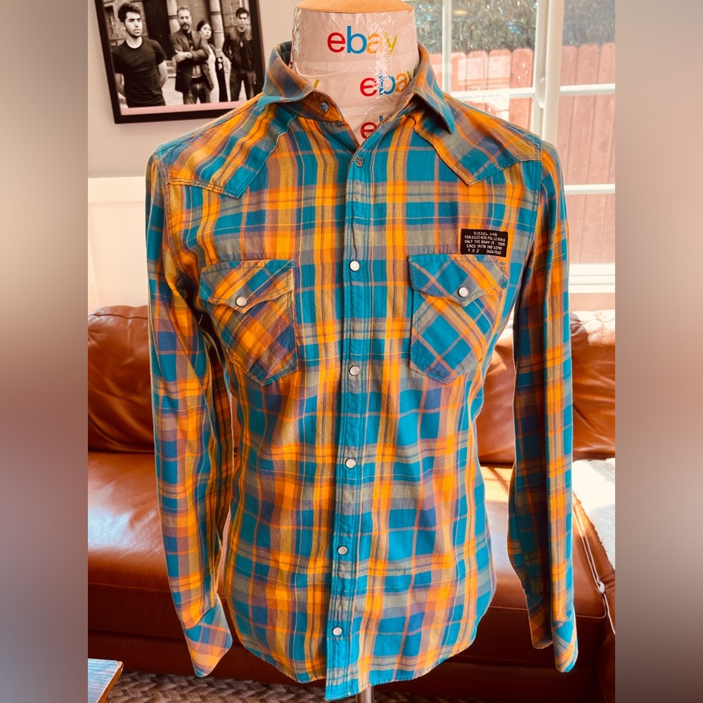 Diesel Shirt Mens Medium Plaid Pearlsnap Western Cowboy Vintage Rare